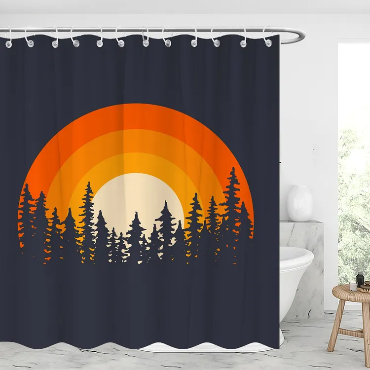 Pine Tree and Sun Waterproof Shower Curtains With 12 Hooks