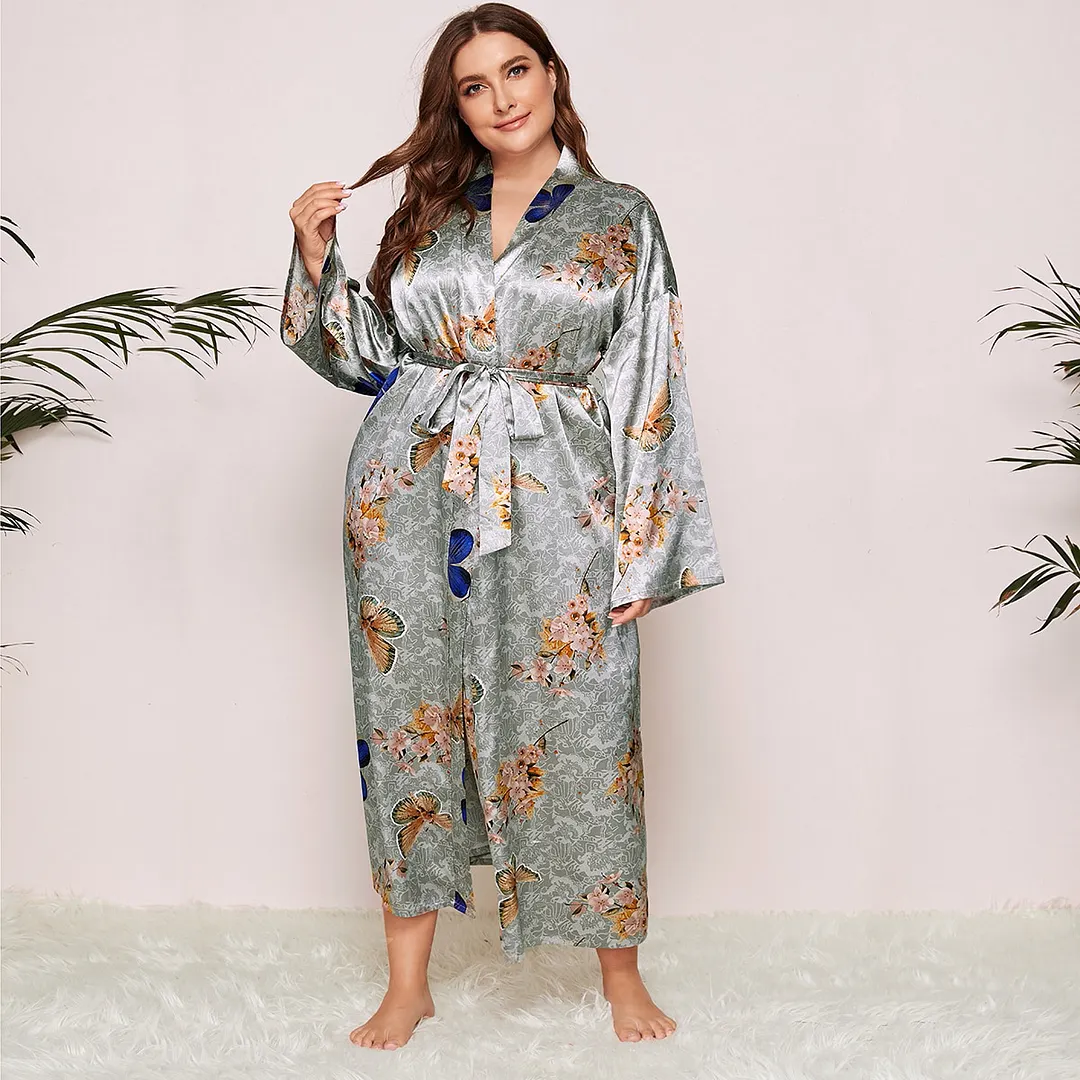Sdrawing Sdrawing Lady Nightglove Color Lacette Simulation Silk Printing Fat Home Clothes Long-Sleeved Bathrobe Woman
