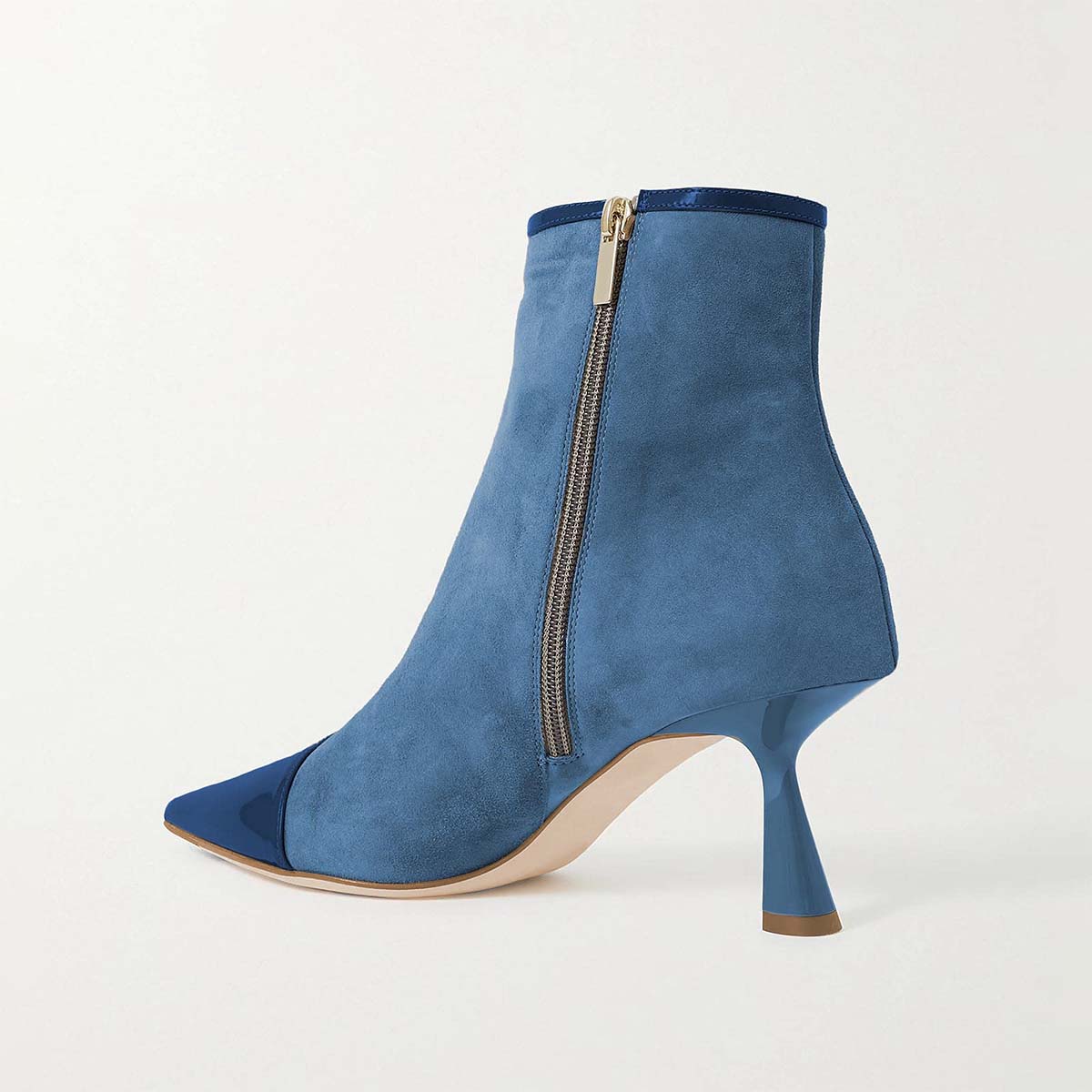 Blue Faux Suede Pointed Side-Zip Ankle Boots with Kitten Heel