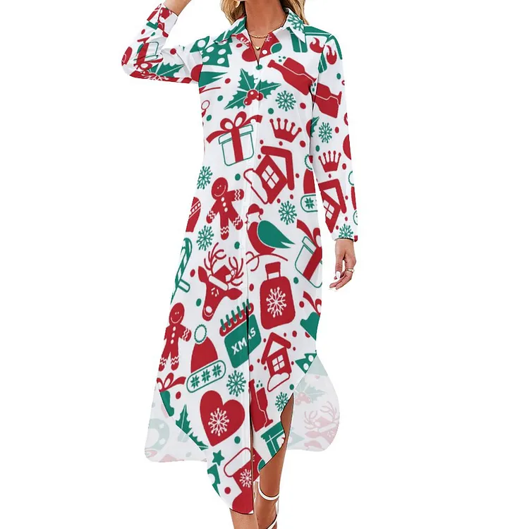 Personalized Design Women's Long Sleeved Shirt Dress Christmas