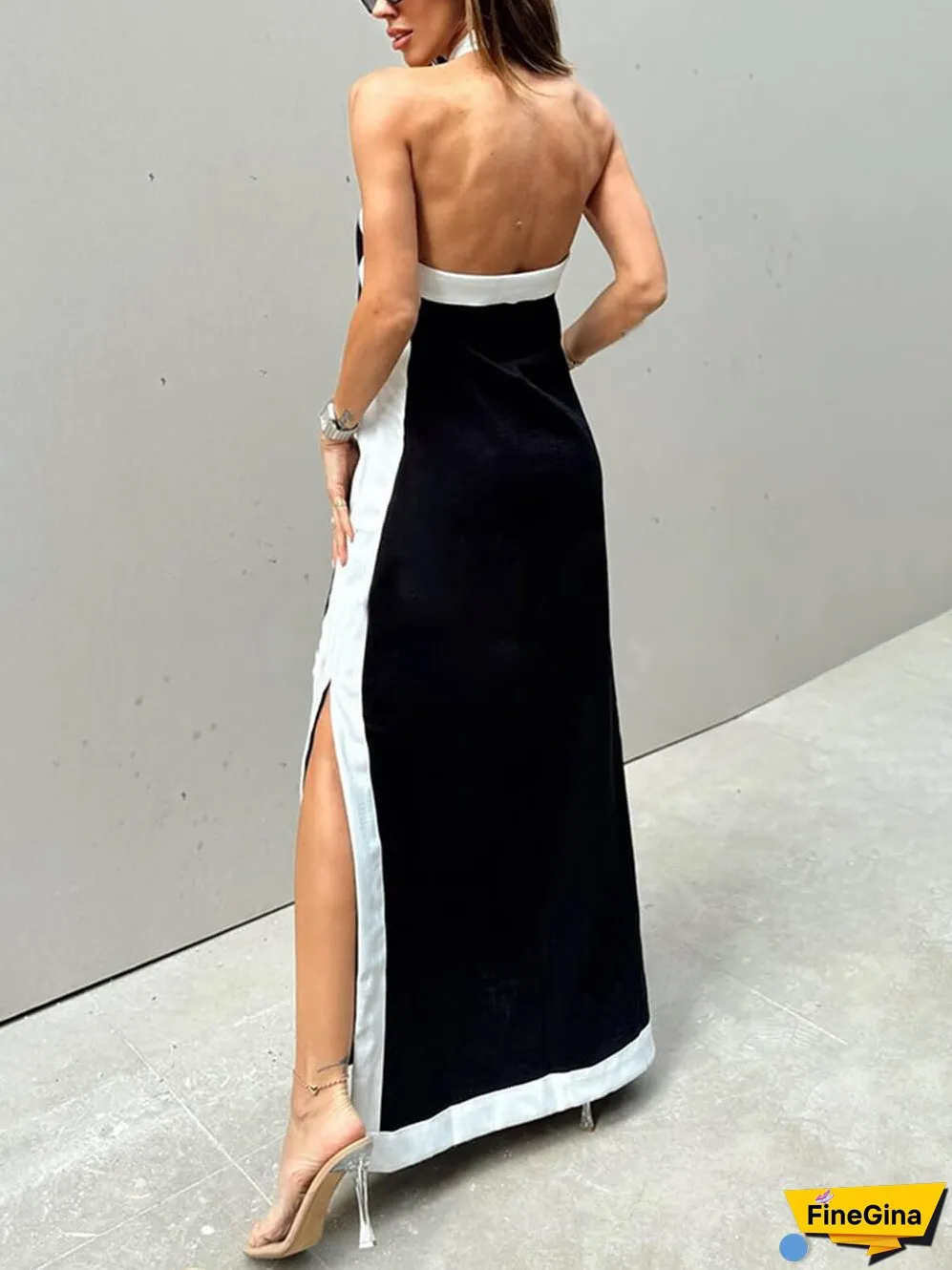 Color Block Halter Charming Neck Slit Maxi Dress