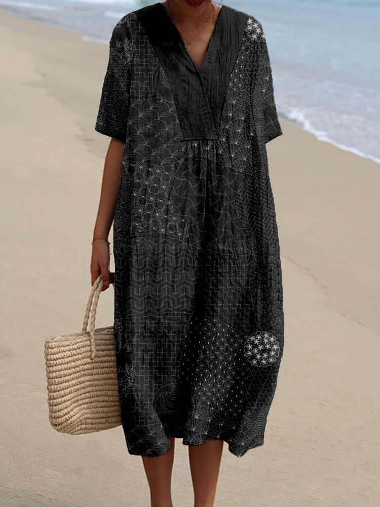 Japanese Traditional Sashiko Art Linen Blend Midi Dress elevenforest