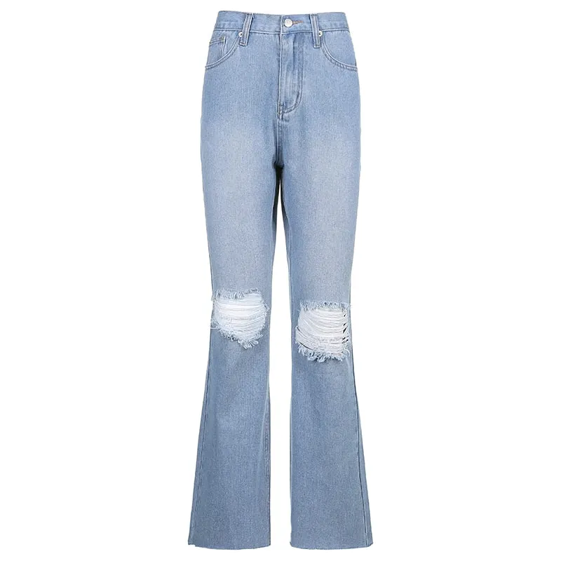 HEYounGIRL Holes Ripped Flare Jeans Woman Blue Skinny High Waist Denim Pants Capris Summer Pocket Fashion Trousers Streetwear