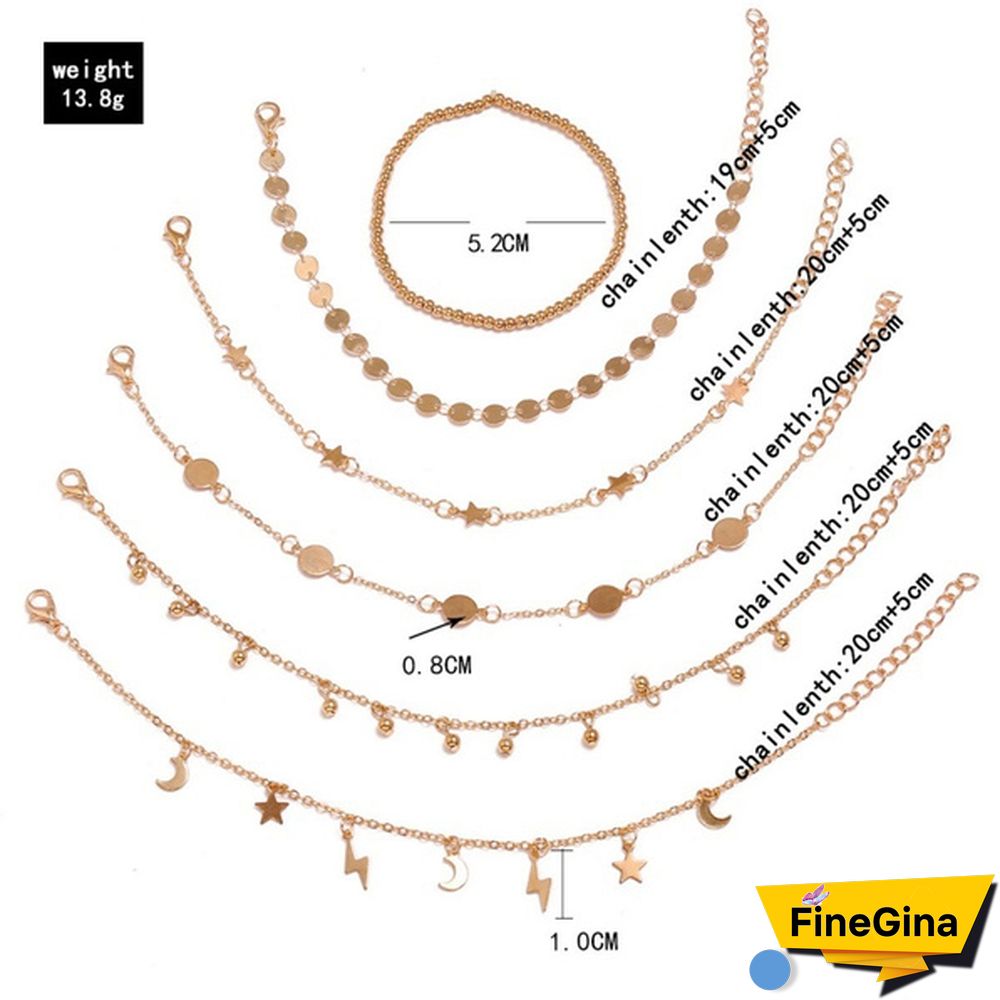 6 Pcs/Set Vintage Gold Color Anklet Women Lightning Star Moon Sequins Bracelet Boho Ankle Bracelet Foot Jewelry