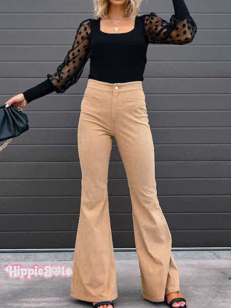 Women&rsquo;s Solid Color High Waist Slim Micro Trumpet Corduroy Casual Pants Sand / S