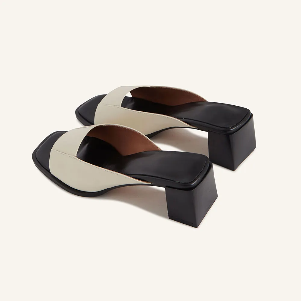 White & Black Vegan Leather Open-Toe Classic Block Heeled Mules