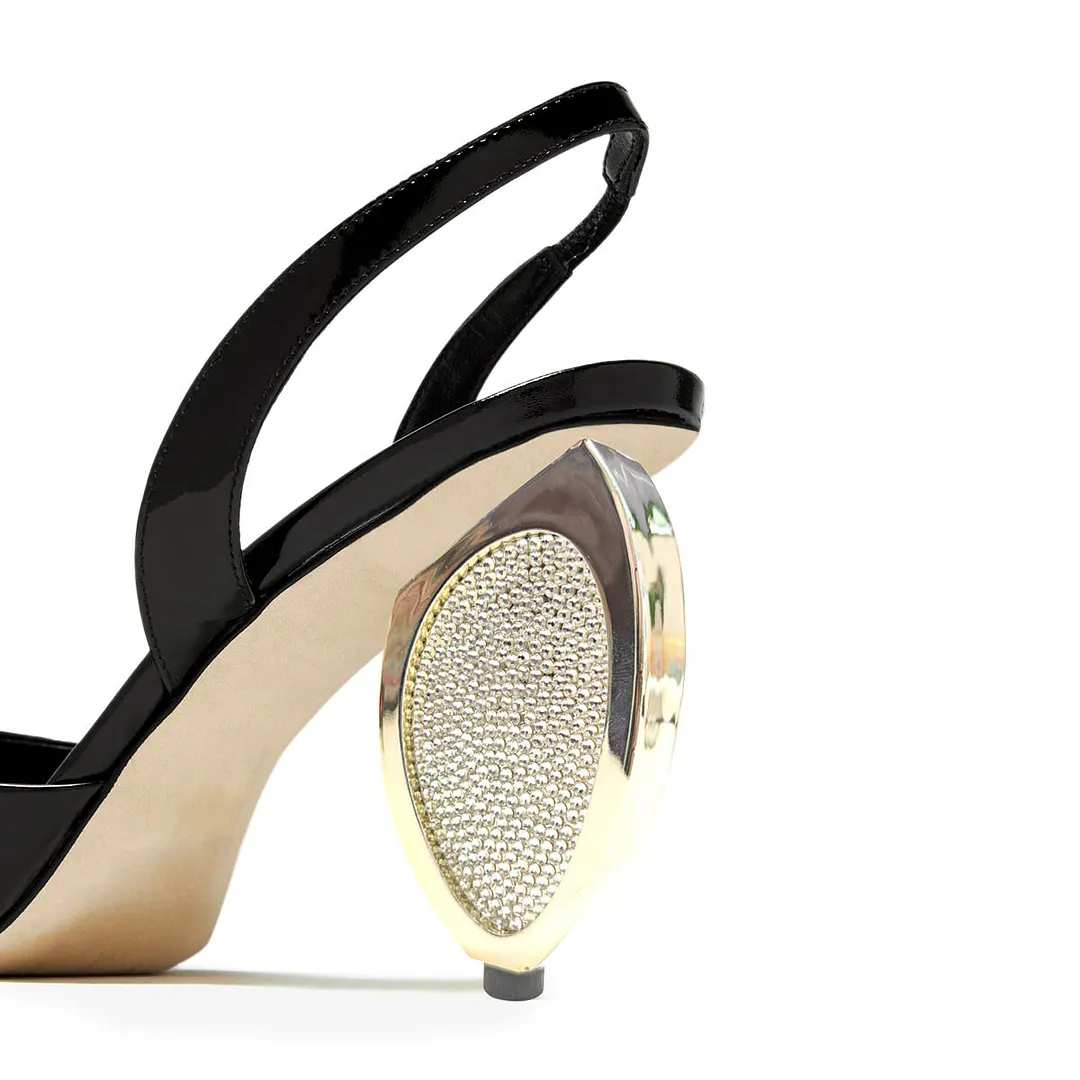 YDN Black Pointed Toe Rhinestone Sculptural Heel Slingback Pumps