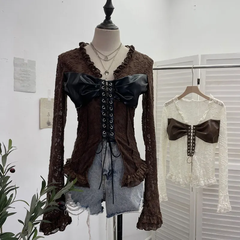 Uveng Real Shooting V Tie With Retro 2024 New Hottie Sexy Lace Splicing Pu Skin Hollow Shirt Top 6108