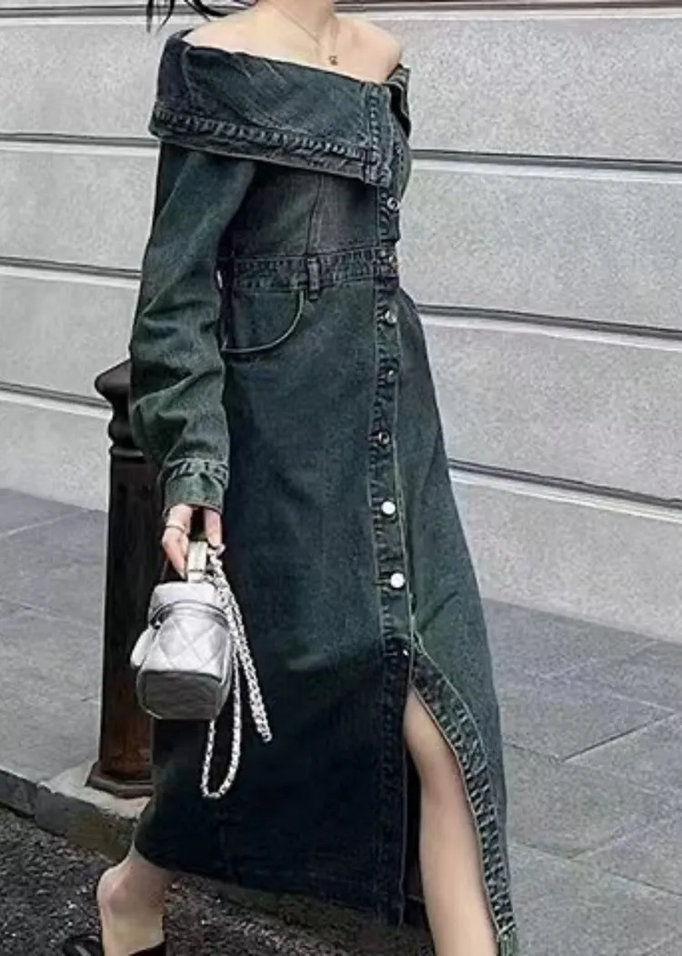 Fashion Blue Slash Neck Patchwork Side Open Denim Long Dresse Puff Sleeve Spring