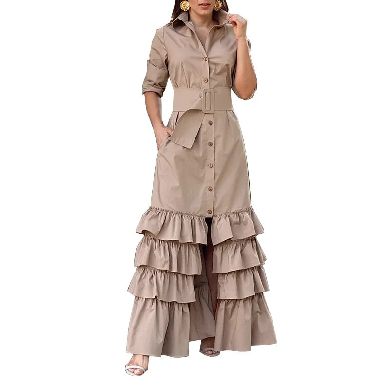 Women Party Maxi Dress 2022 VONDA Spring Holiday Dress Casual Vintage Long Sleeve Lapel Button Down Ruffled Vestidos Robe Femme
