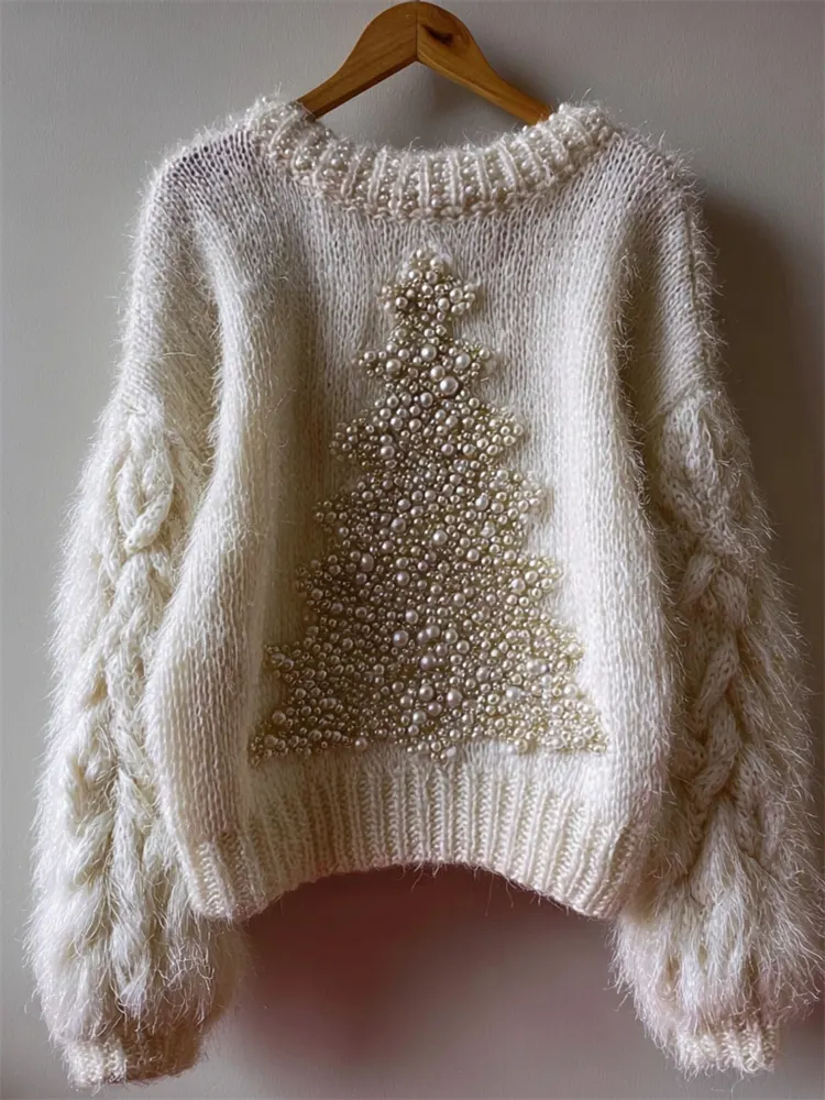 Vintage Christmas Trees Pearls Beaded Cozy Fuzzy Sweater