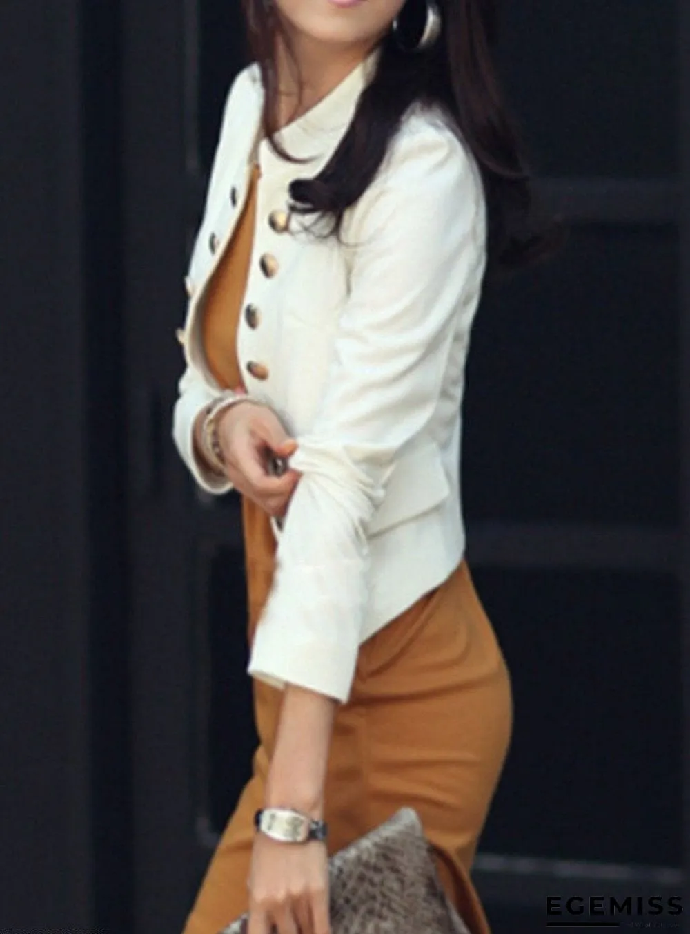 Ladylike Double Breasted Band Collar Blended Plain Blazer | EGEMISS