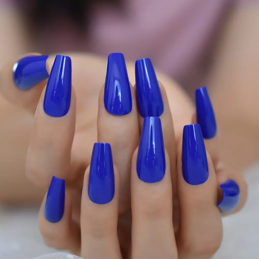 Sapphire Color Glossy Sapphire Chrome Medium-Short Nails Full Cover Nails Square Press On Nails Tips Fingernails Art EchiQ 24pcs-Nail Inspo