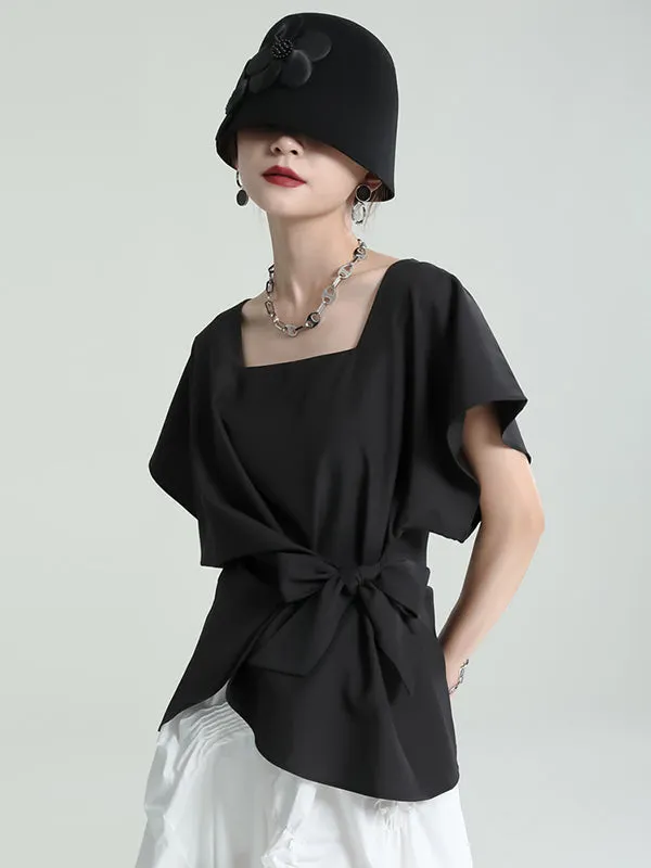 Original Casual Irregular Solid Color Tied Square-Neck T-Shirt Top