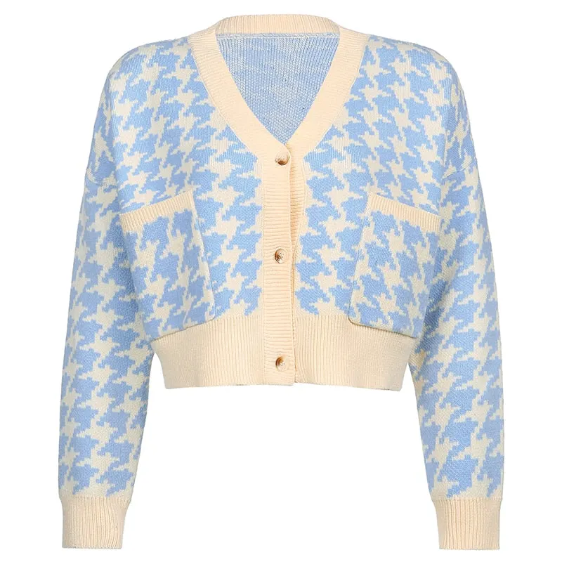 HEYounGIRL Houndstooth Plaid Print Cardigan Women Autumn V Neck Vintage Knitted Crop Top Sweater Casual Loose Knitwear Winter