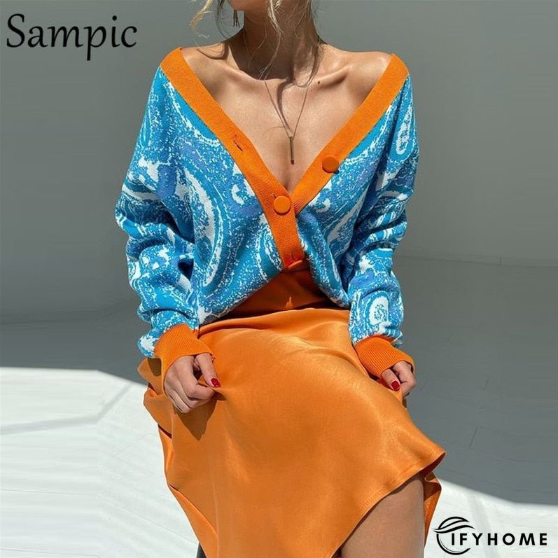 Christmas Gift Sampic Loose Patchwork Knitwear Winter Women Cardigans Tops Oversized Long Sleeve Y2K V Neck Sweater Casual Fashion Tops | IFYHOME