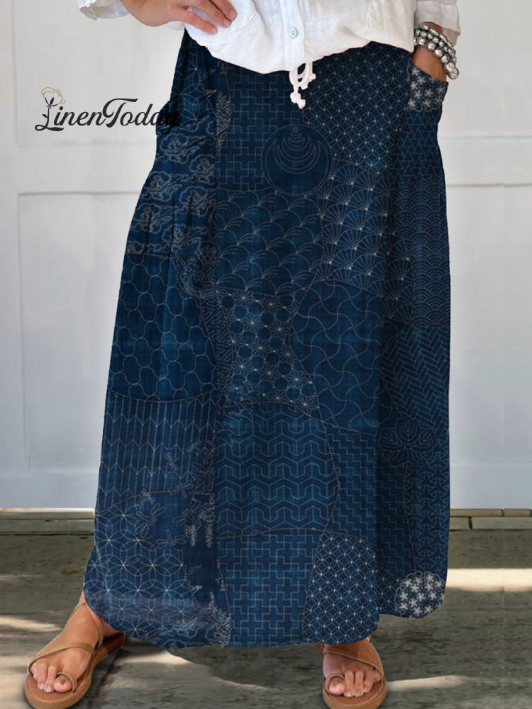 Women&rsquo;s Japanese Art Print Linen Pocket Skirt Multicolor / S