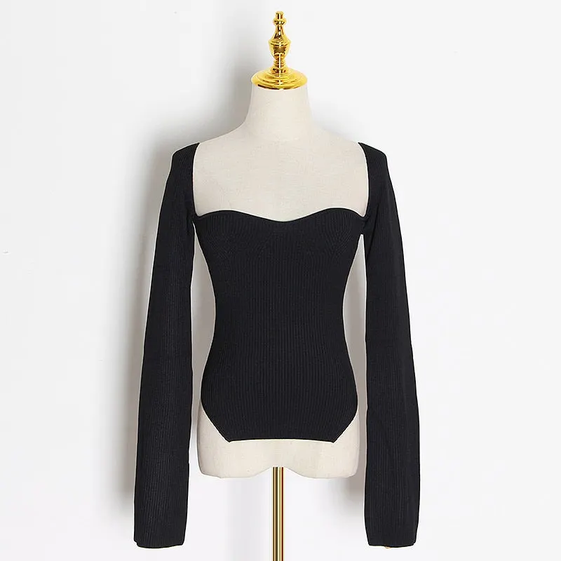 TWOTWINSTYLE White Side Split Knitted Women's Sweater Square Collar Long Sleeve Sweaters Female Autumn Fashion New Clothes 2020
