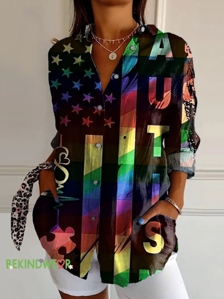 Autism Flag Print Casual Cotton Linen Shirt Multicolor / S