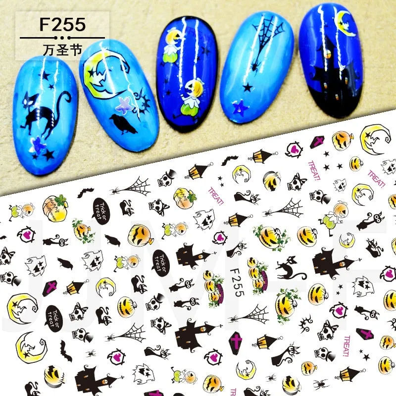 Halloween Nail Art Sticker Ghost Witch Spider Web Pumpkin Nail Decals Sexy Skull Bone Water Transfer Decals Nails Foil Manicure-Nail Inspo