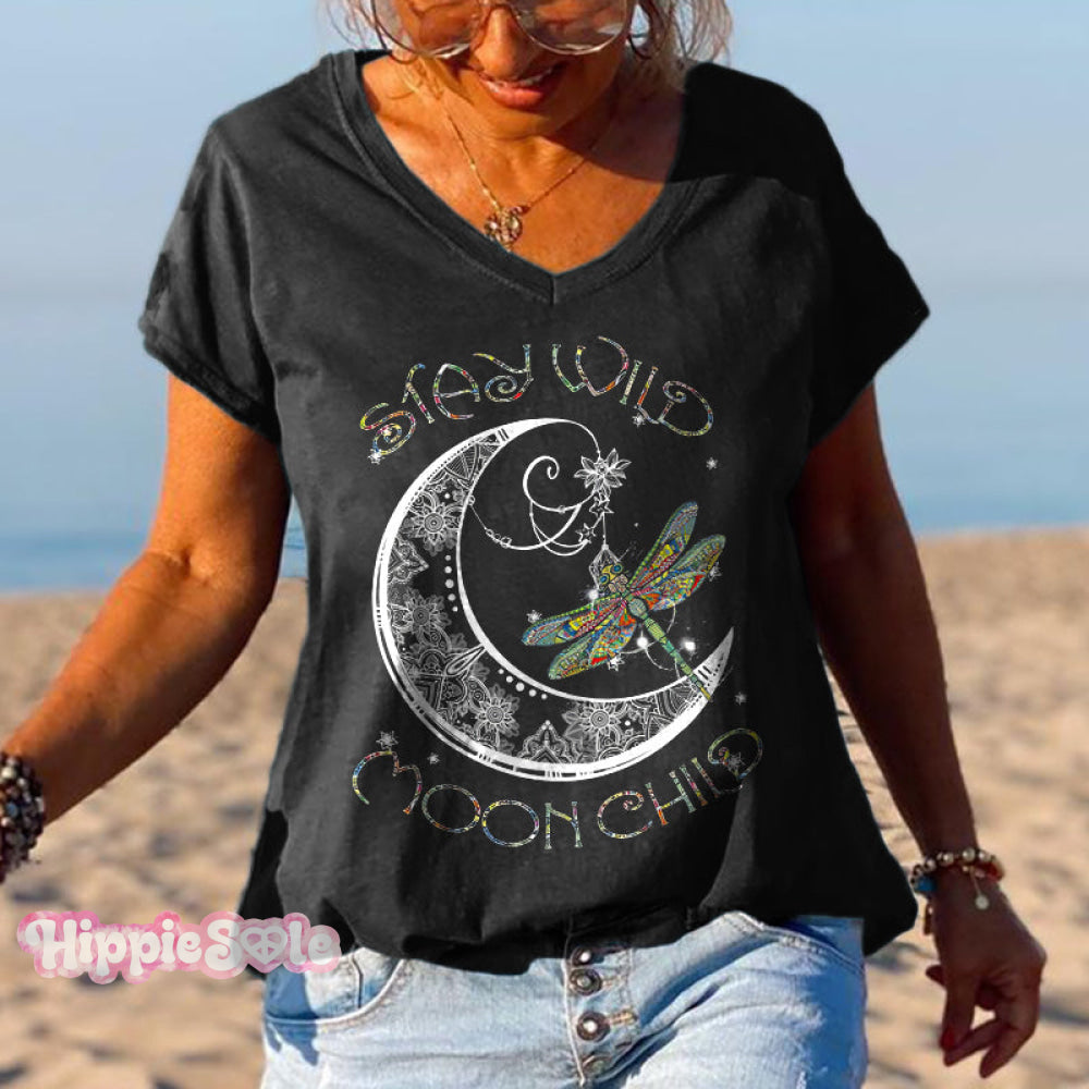 Stay Wild Moon Child Dragonfly Black T-Shirt / S Hot-Sale