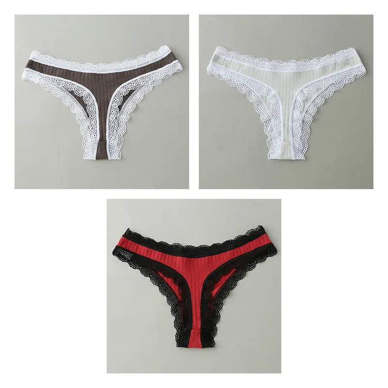 3PCS/Set G-string Panties Cotton Women's Underwear Sexy Panties Female Underpants Thongs Solid Color Sexy Lace Lingerie BANNIROU