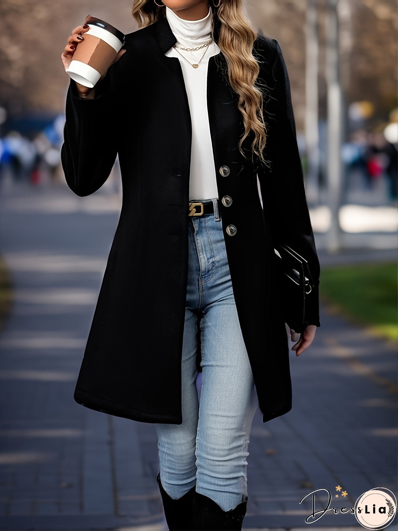 Solid Button Front Tunic Overcoat, Elegant Long Sleeve Winter Outwear, Women's Clothing