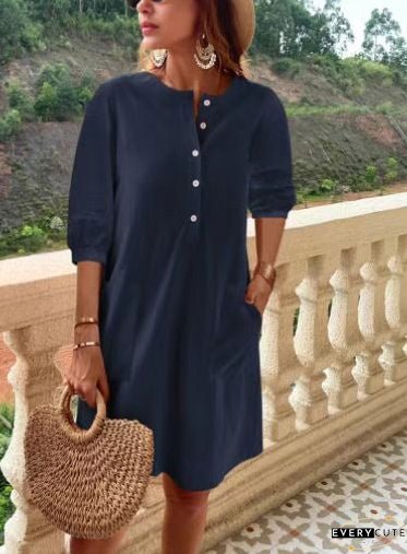Dresses Button Mid-Sleeve Pocket Casual Dress for Women