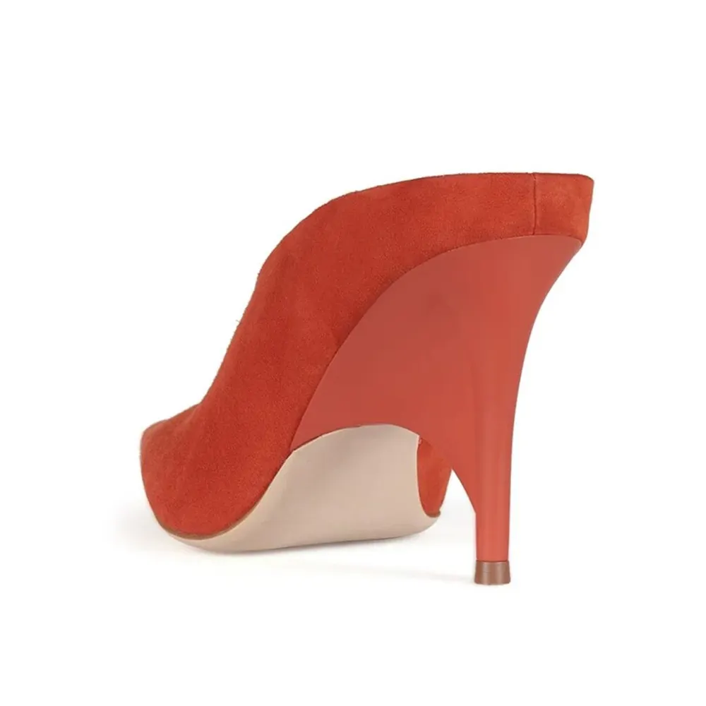 Orange Vegan Suede Sculptural Heel Mules Shoes with Pointed Toe