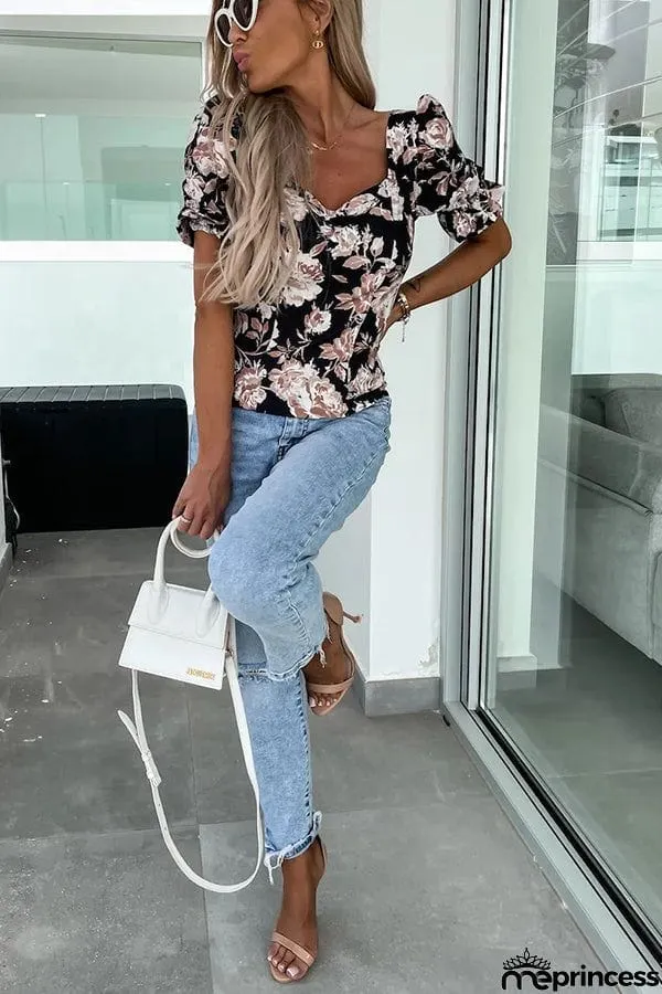 Floral Puff Sleeve Smocked Back Top