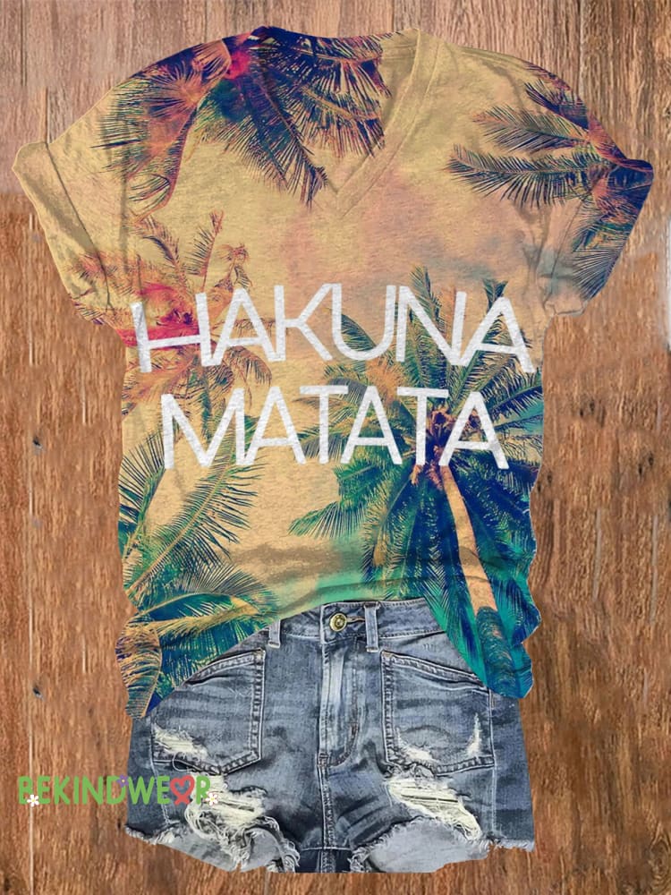 HAKUNA MATATA Printed Casual V-Neck Short Sleeve T-Shirt Multicolor / S
