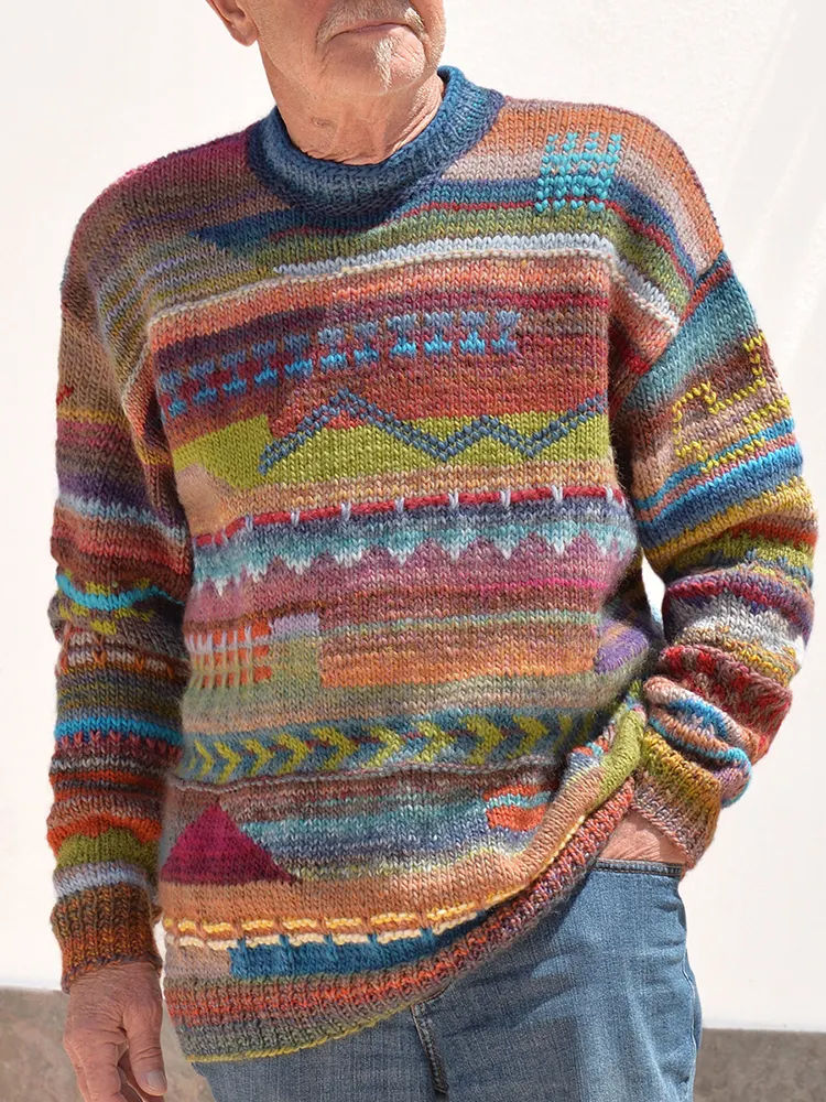 Retro Colorful Knitted Jacquard Iceland Crew Neck Sweater