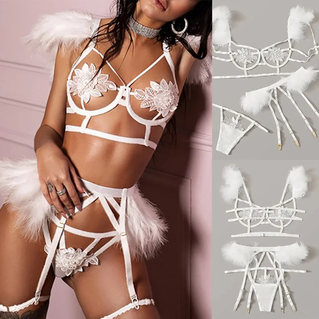 Sexy Women's Underwear Lace Seamless Bra Set Sexy Embroidery Mesh See Through Underwear Set Intimates Lingerie Garter Brief Sets