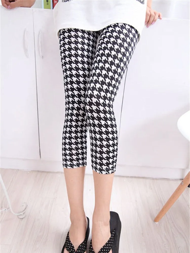 CUHAKCI Women's Calf-Length Leggings Print Grid Short Pant Mujer Casual Elasticity Stripe Fitness Leggins