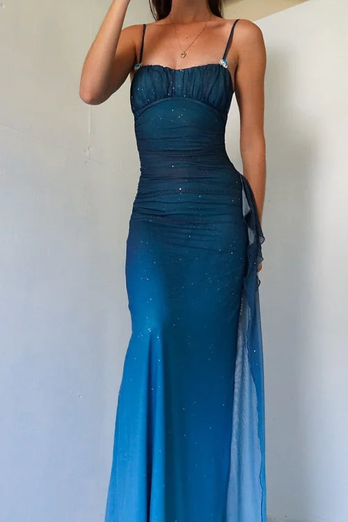 Unique?? Gradient Blue Mermaid Gown for Party&Quinceanera- Spaghetti Straps Glitter  Chiffon Long Prom&Evening Dress HZ1108