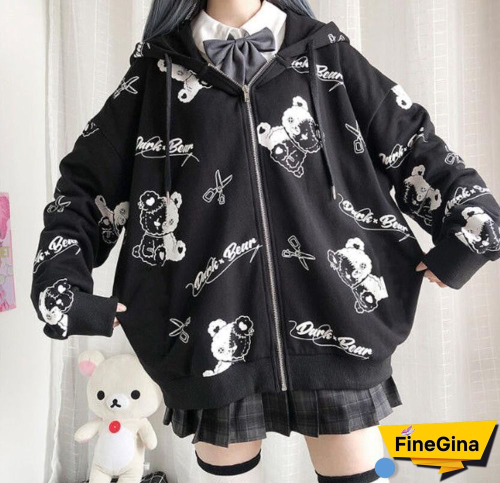 Spring Autumn Women Harajuku Zip Up Hoodies Oversized Loose Korean Version Sweatshirts Cute Kawaii Pocket Jacket Clothing Casual