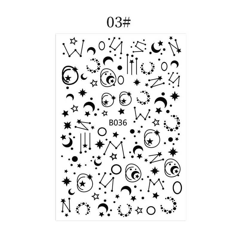 English Letter Design 3D Nail Stickers Iridescent Geometrics Gold Stars Moon Transfer Nail Art Sliders Decoration Accessories