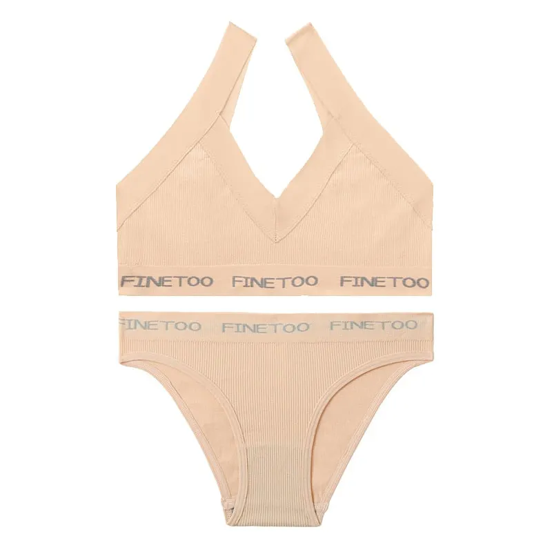 FINETOO Deep V Bra Set M-XL Women Seamless Underwear Girls Soft Tops and Letter Briefs Ladies Bras Set Comfortable Lingerie Set