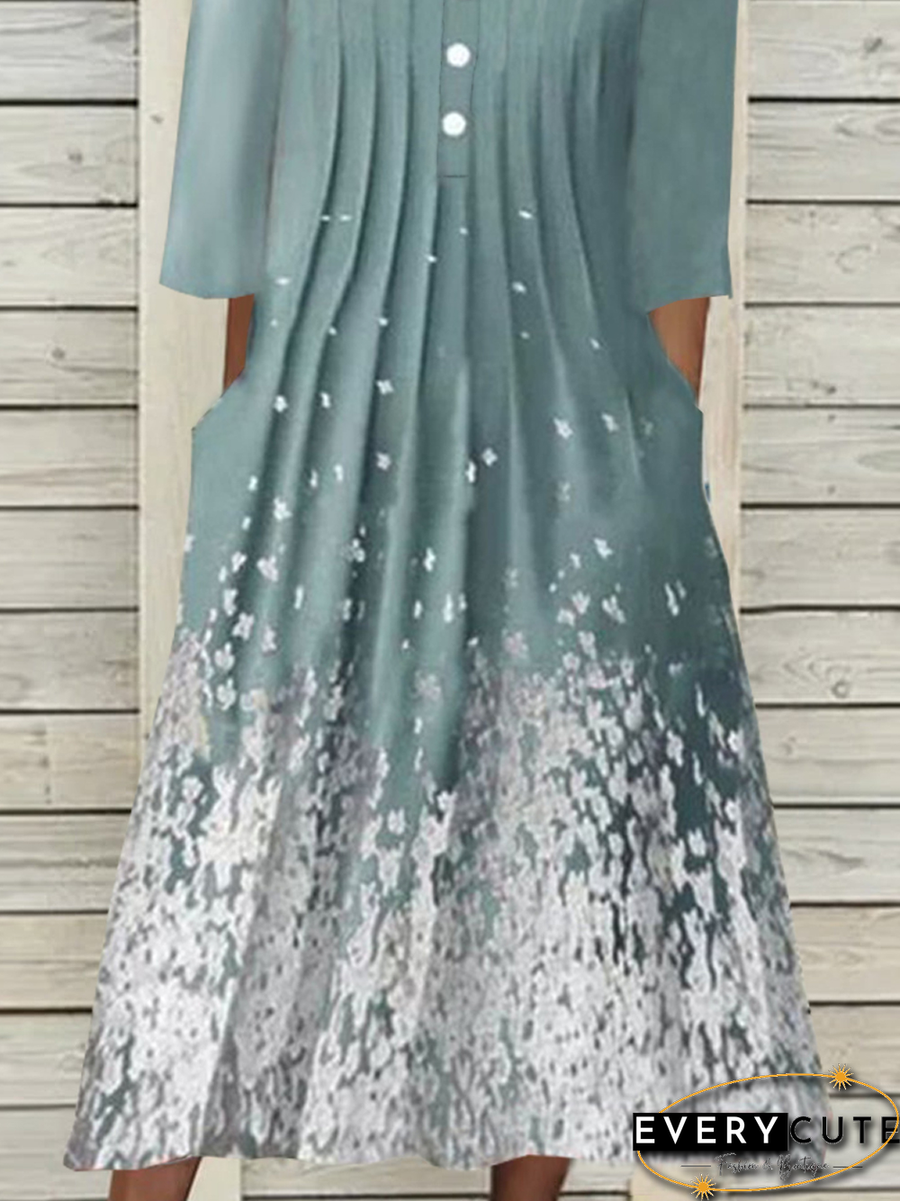 Ombre Floral Printed Vacation Buttoned Pleated Loosen V Neck Short Sleeve Woven Dress