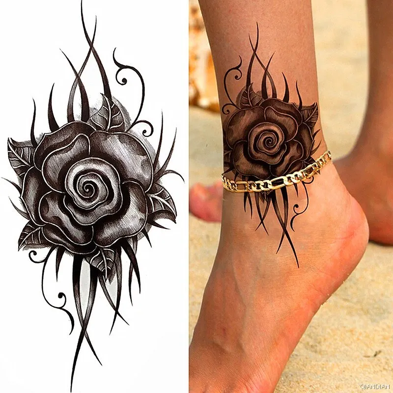 Black Sexy Flower Temporary Tattoos Sticker Arm Sleeve Rose Tree Skull Lion Bear Snake Henna Body Decorate Fake 3D Women Totem