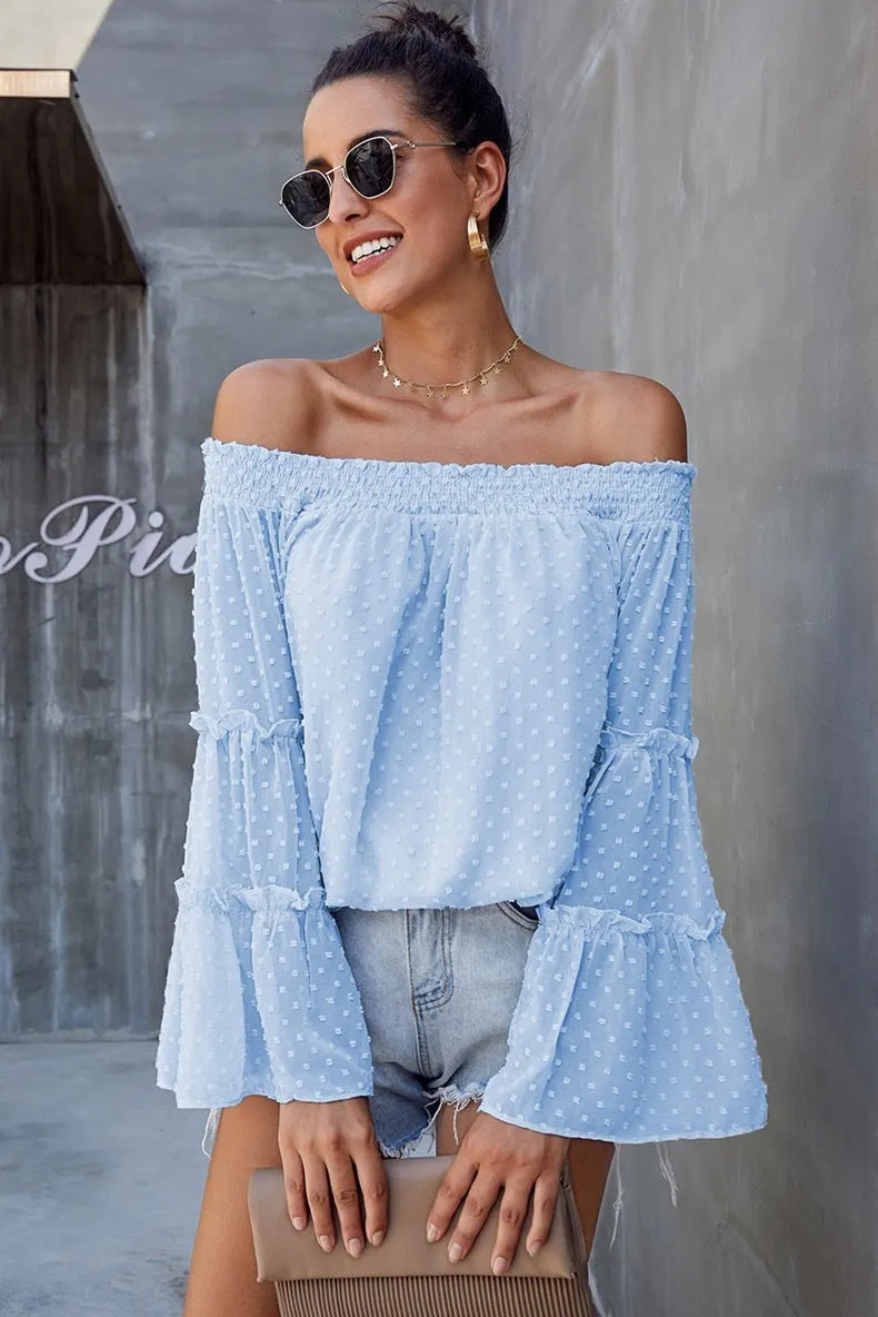 Brownm Long Dot Sleeve Chiffon Off-shoulder Off-the-neck Hollow-out Loose Top