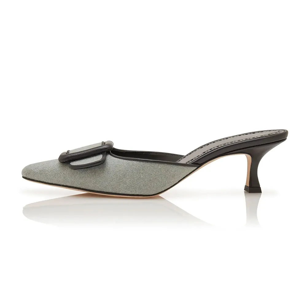 Grey Pointed Toe Kitten Heel Slip-On Mules Shoes with Buckle Decor