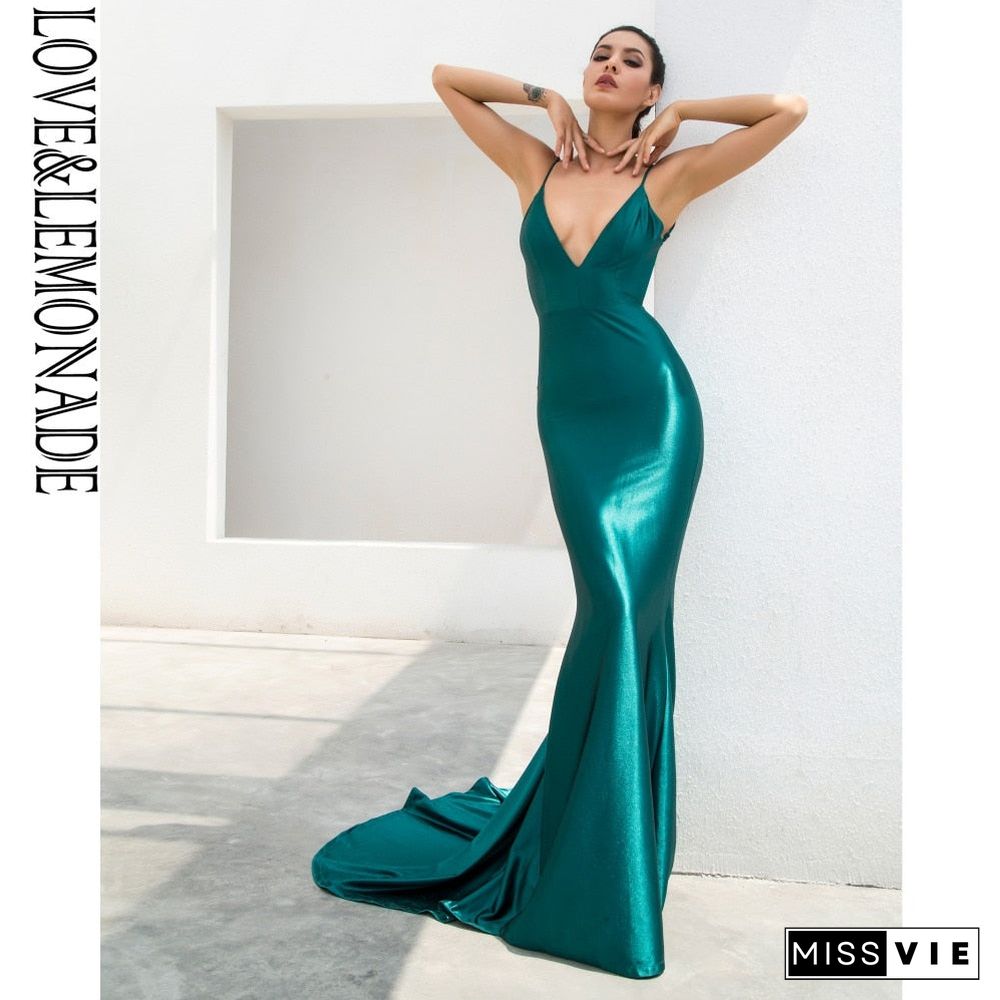 Love&Lemonade Green Deep V-Neck Open Back Slim Flash Material Maxi Dress Lm81222