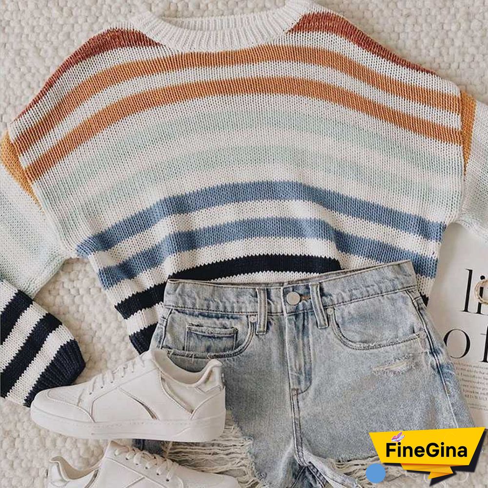 Blocked Colorful Stripes Cropped Turtleneck Sweater Long Sleeve