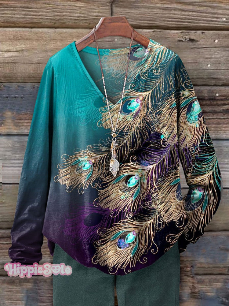 Women&rsquo;s Peacock Feather Art Print 100% Cotton Casual V-Neck Long Sleeve Shirt Multicolor / S