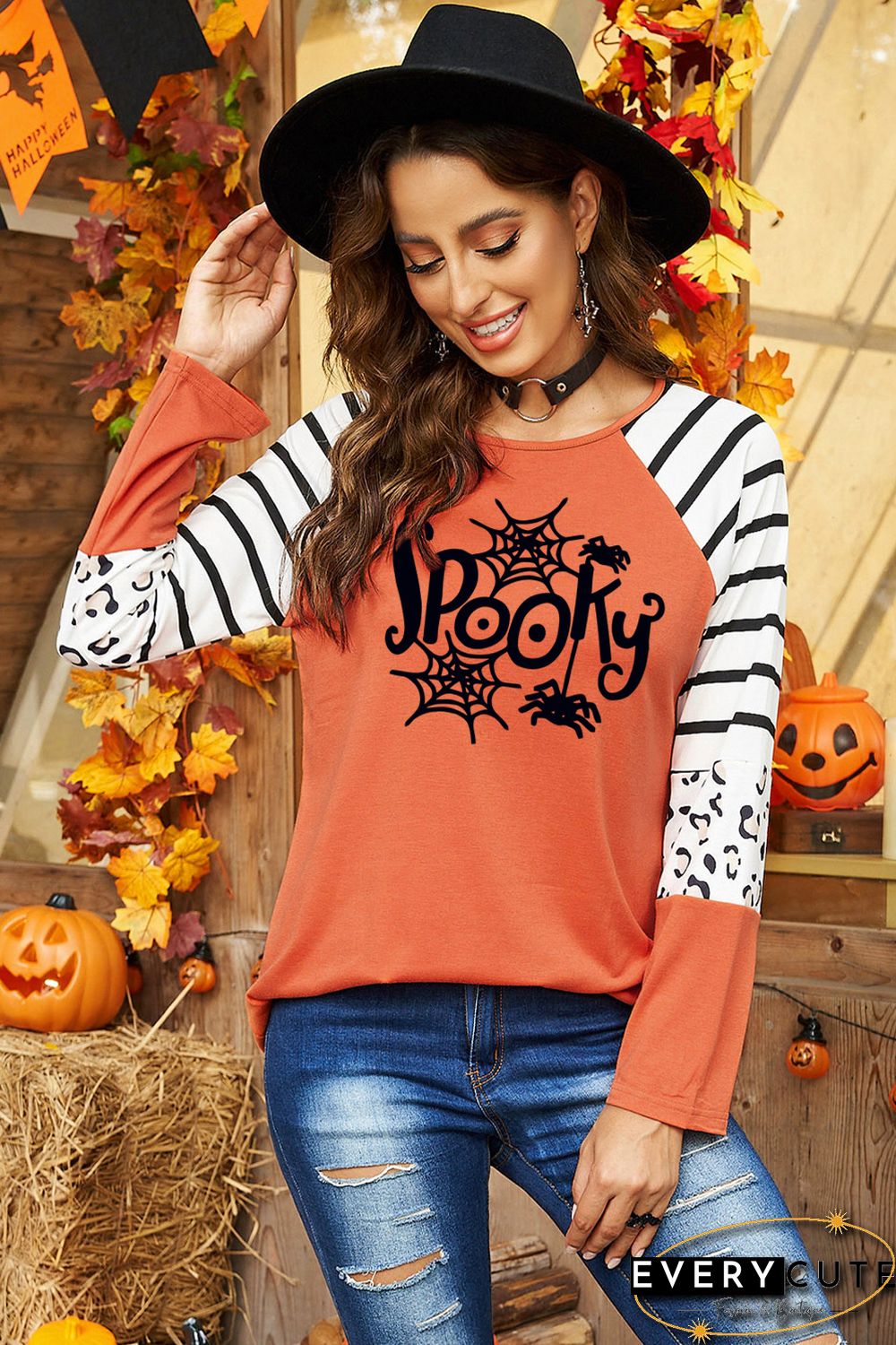 Orange Spooky Spider Web Striped Leopard Color Block Top