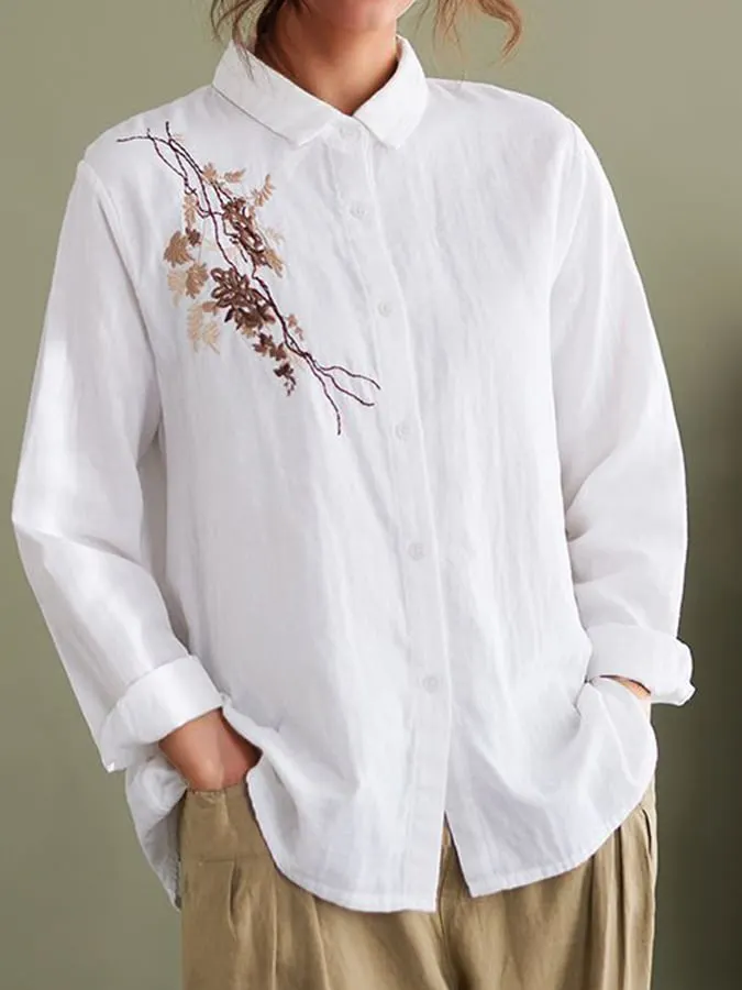 Vintage Embroidered Long Sleeve Loose Button Up Shirt