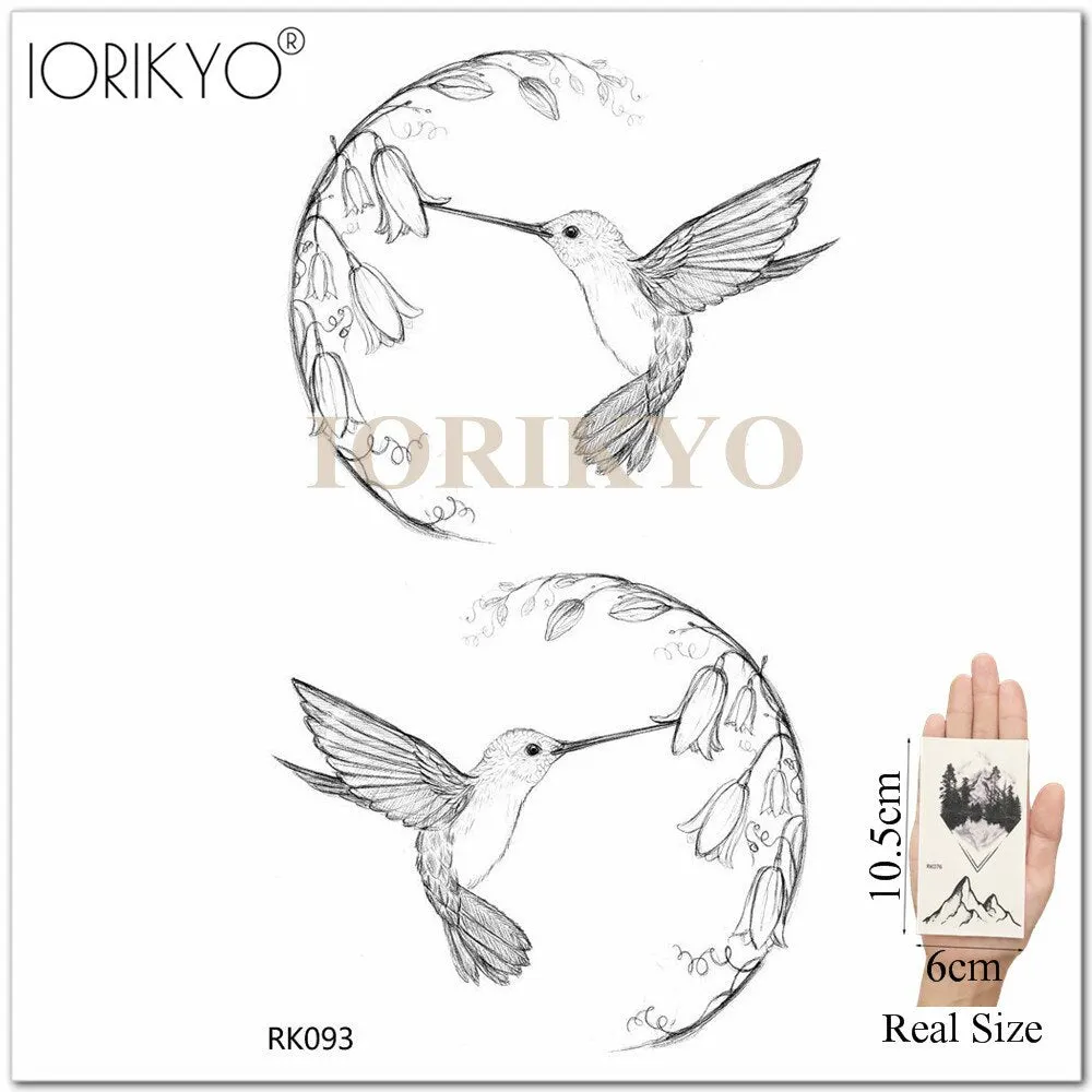 New Black Hummingbird Temporary Tattoo Stickers Women Arm Pencil Sketch Waterproof Tatoos Girls Forearm Birds Fake Tattoo Flower