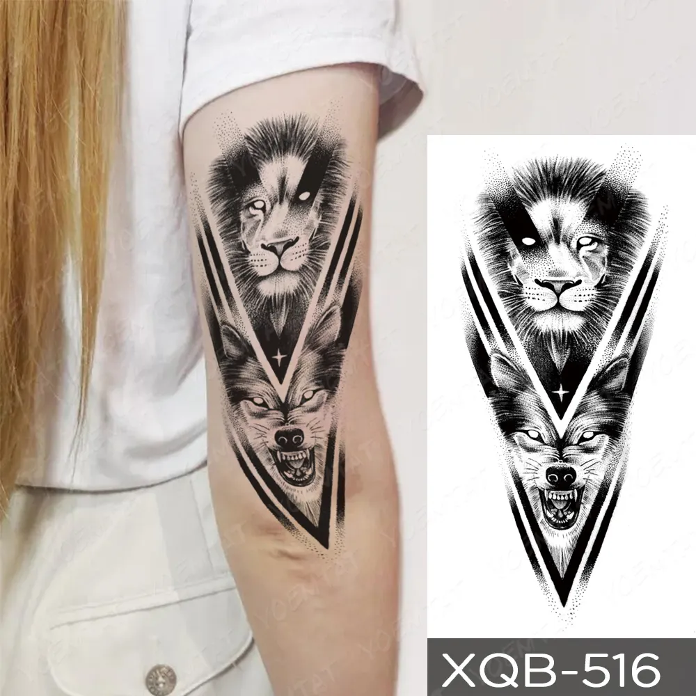 Sdrawing Temporary Tattoo Stickers Fox Lion Tiger Wolf Peony Rose Flowers Leaf Flash Tatto Women Men Body Art Arm Fake Tattoos