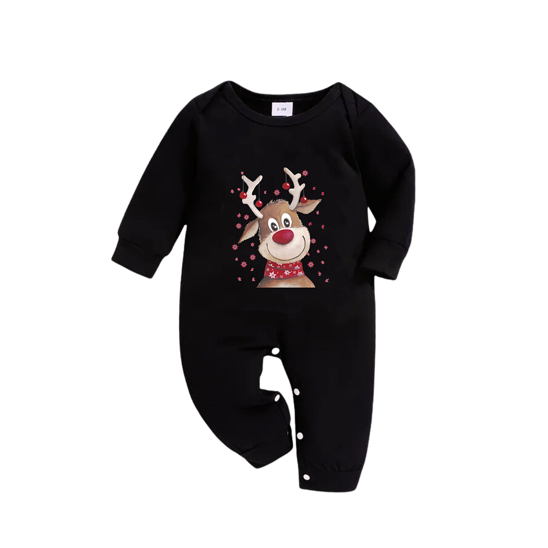 Cute Deer Pattern Black Top Red and Green Plaid Family Matching Pajamas